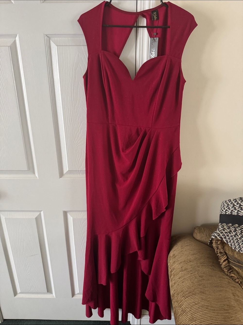 Red Ruffle-Detail Cap Sleeve Midi Dress